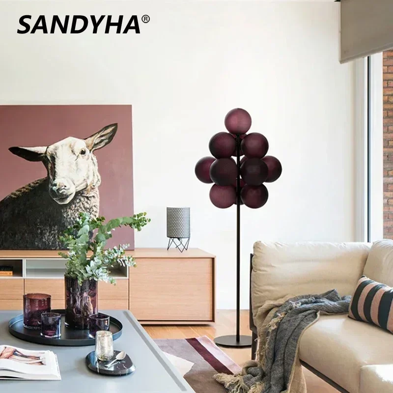 

SANDYHA Modern Glass Floor Lamp Purple Grapes Lustre Table Lamps Home Decor for Bedroom Bedside Living Room Led Standing Lights