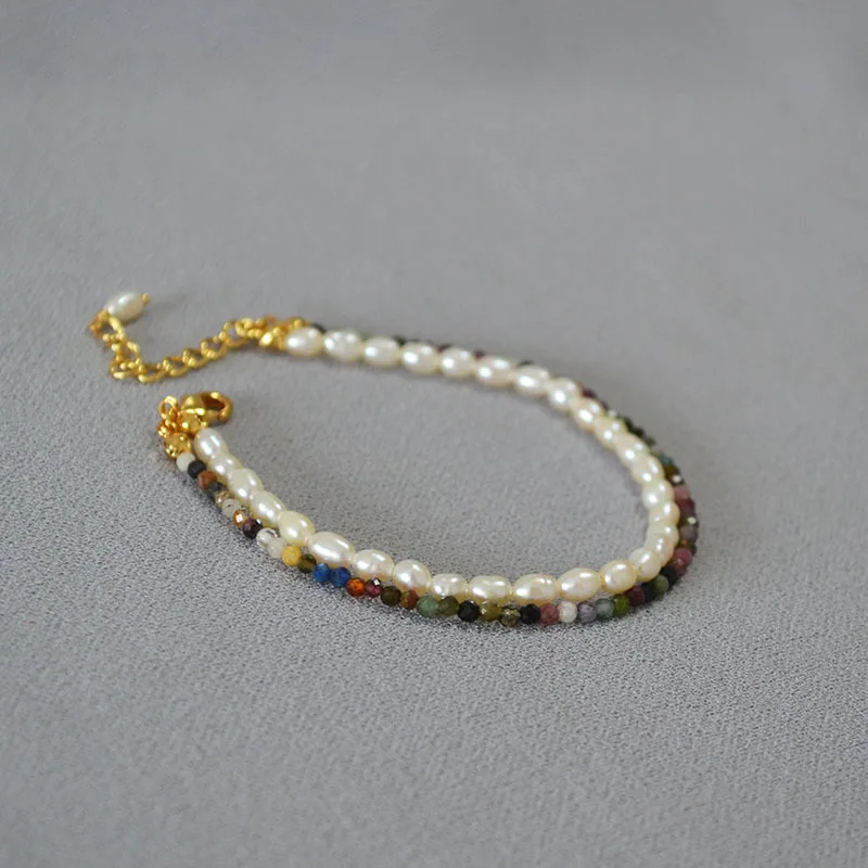 بيان جديد اليابانية والكورية لؤلؤ المياه العذبة الطازجة لؤلؤ المياه العذبة اللون التورمالين الحجر الحقيقي مطرز طبقة مزدوجة مكدسة سوار