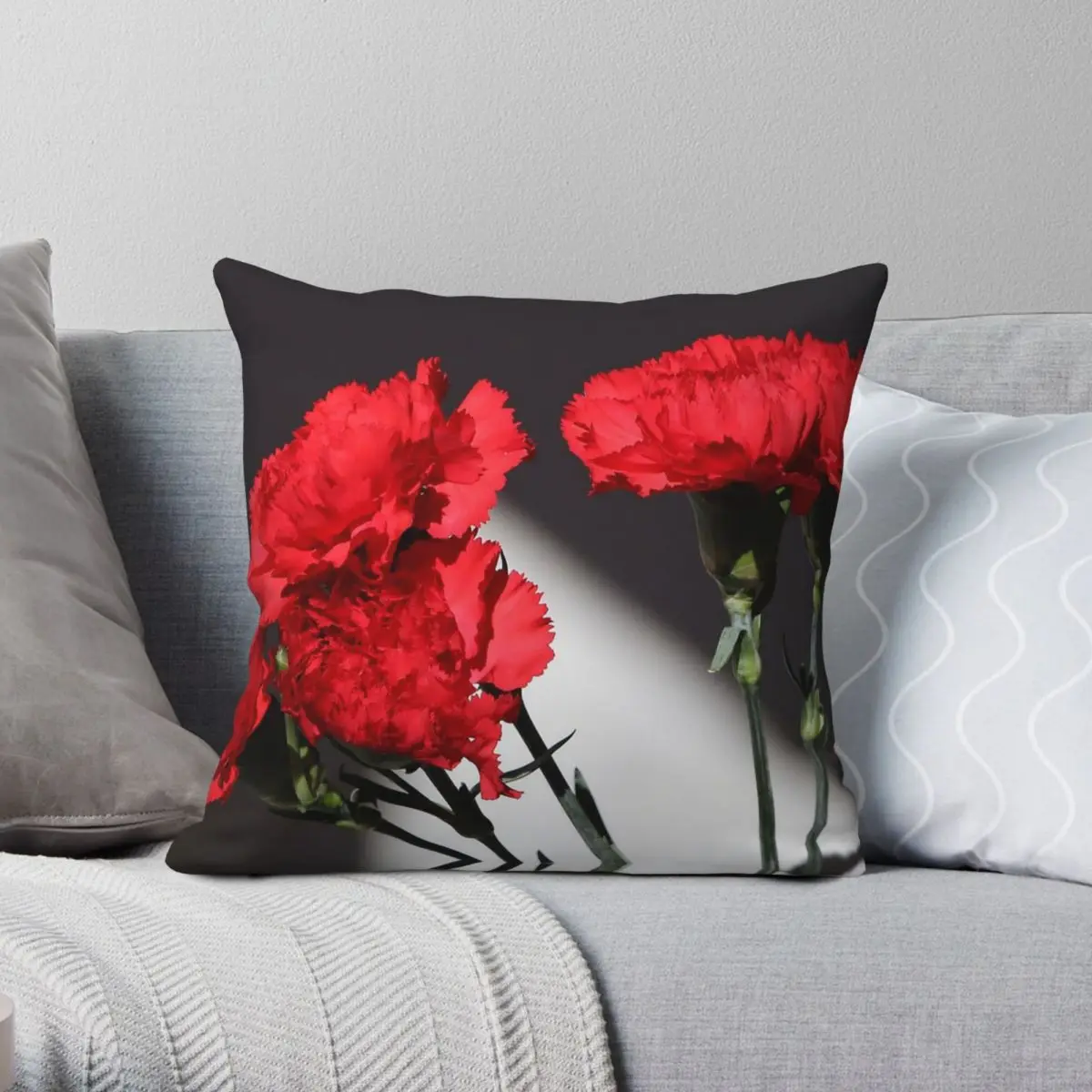 Red Carnations Botanical Square Pillowcase Polyester Linen Velvet Printed Zip Decorative Bed Cushion Cover