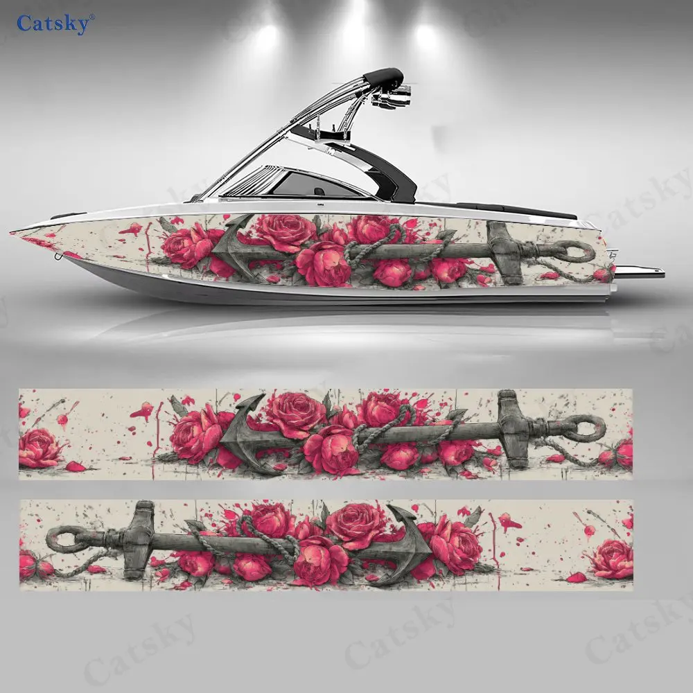 

2Pcs Roses & Anchor Pact Boat Stickers, PVC Waterproof Durable Vinyl Wrap Decals for Fishing Boats, Durable and Stylish Design