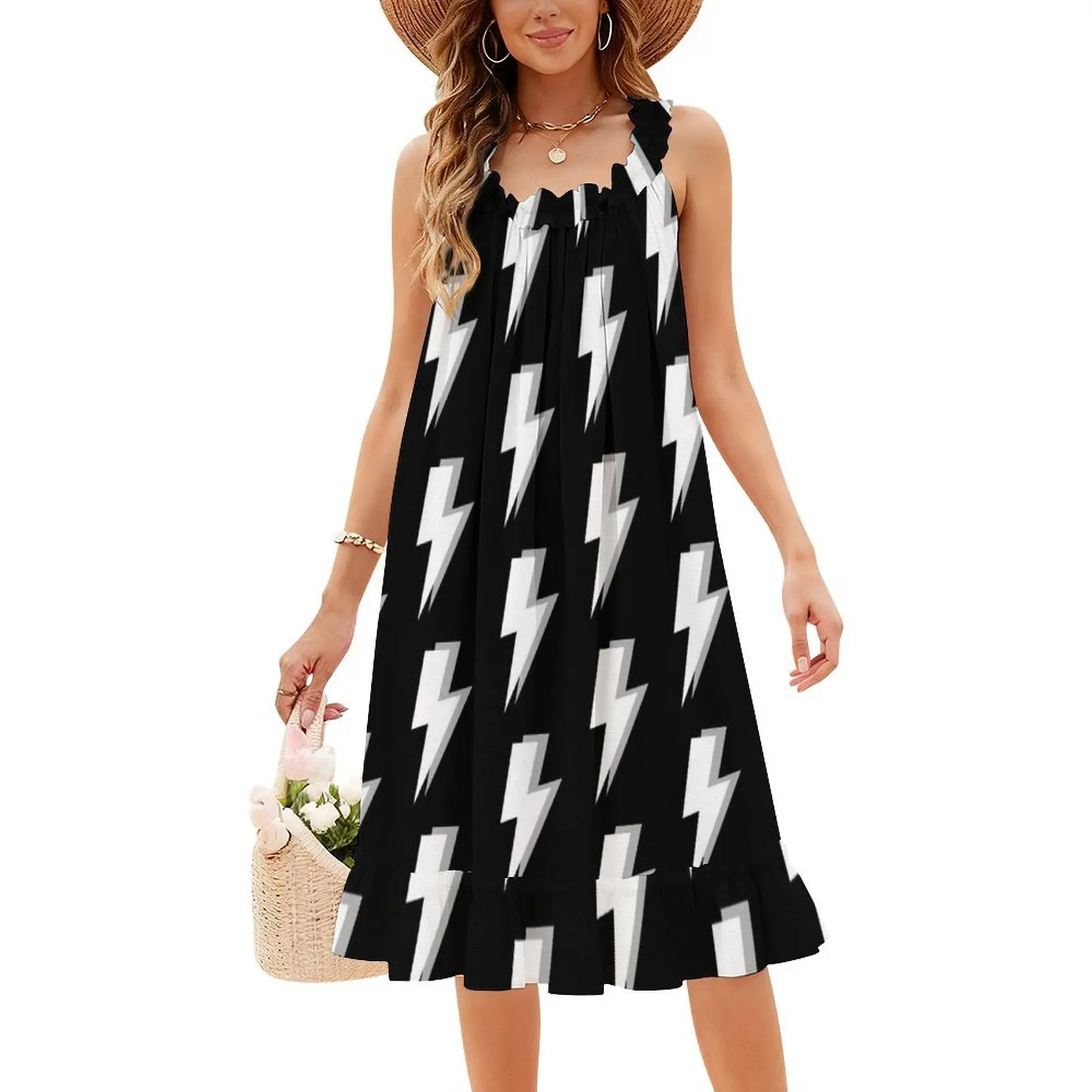 البرق الأبيض والرمادي على خلفية سوداء فستان بخط عنق على شكل قلب فستان أنيق للحفلات الصيفية للنساء باللونين الأبيض والرمادي #4