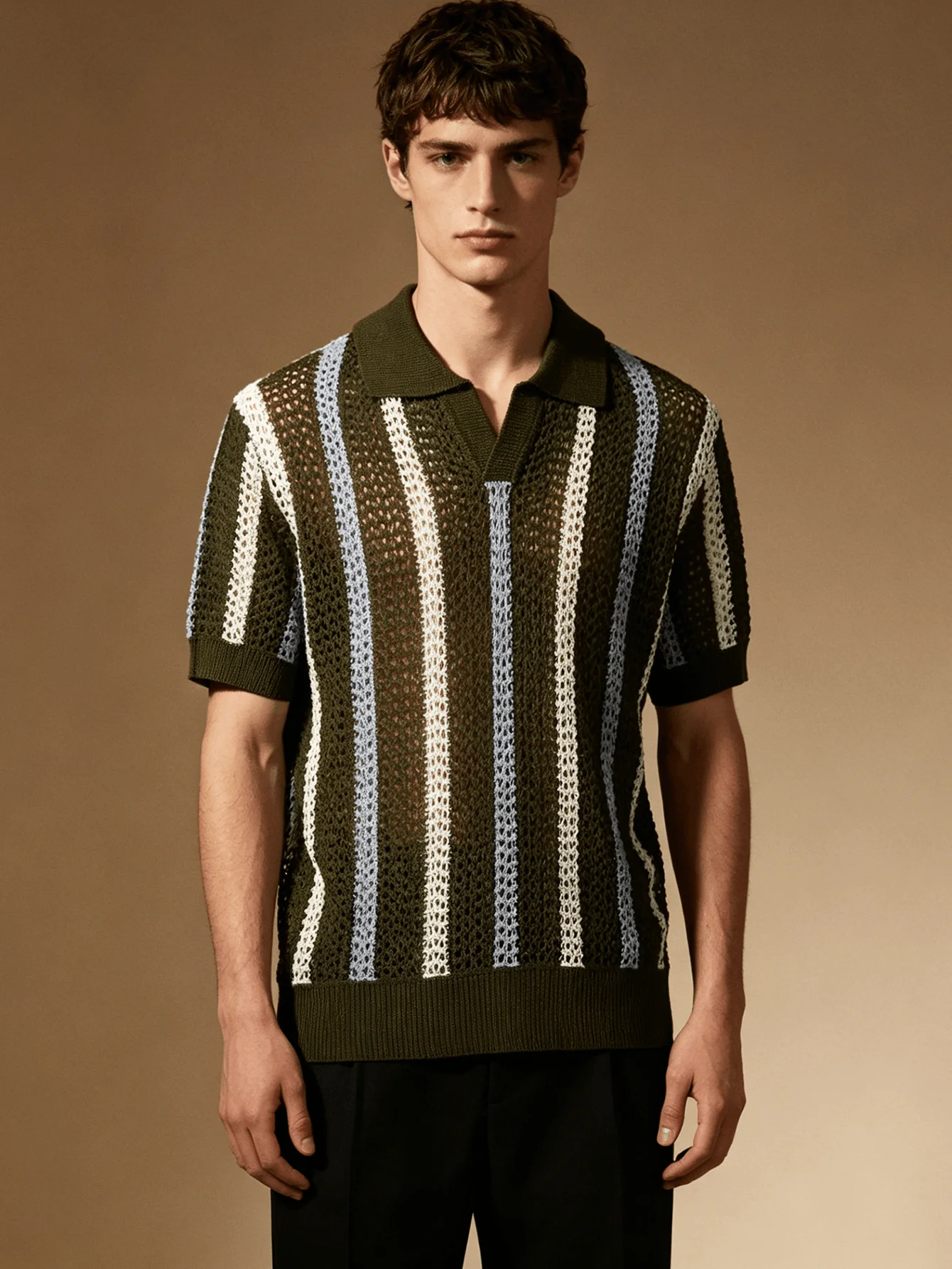 

Весенне-летний дышащий мужской свитер-поло с коротким рукавом, вязаная рубашка с полосками и контрастными цветами, модель C