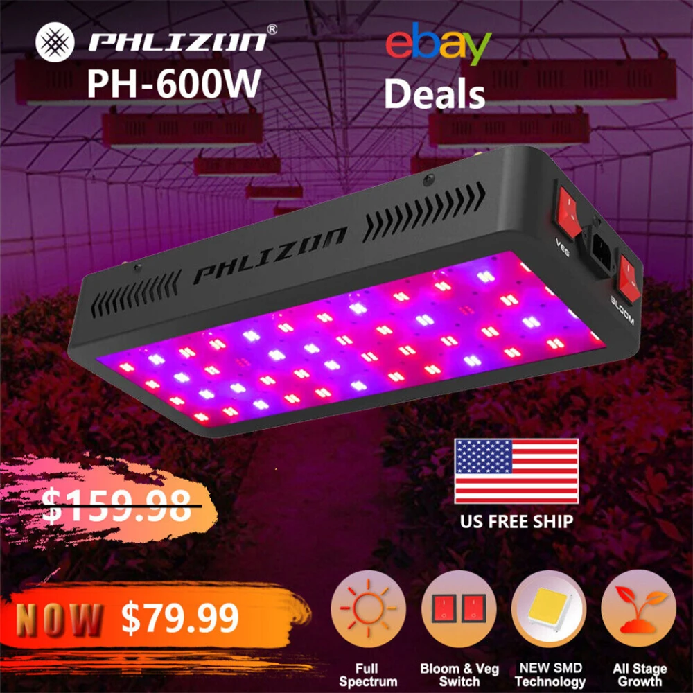 Phlizon Upgraded 600W LED Plant Grow Light Full Spectrum Plant Grow Lamp Double Switch Grow Led for Indoor Plants Veg and Flower