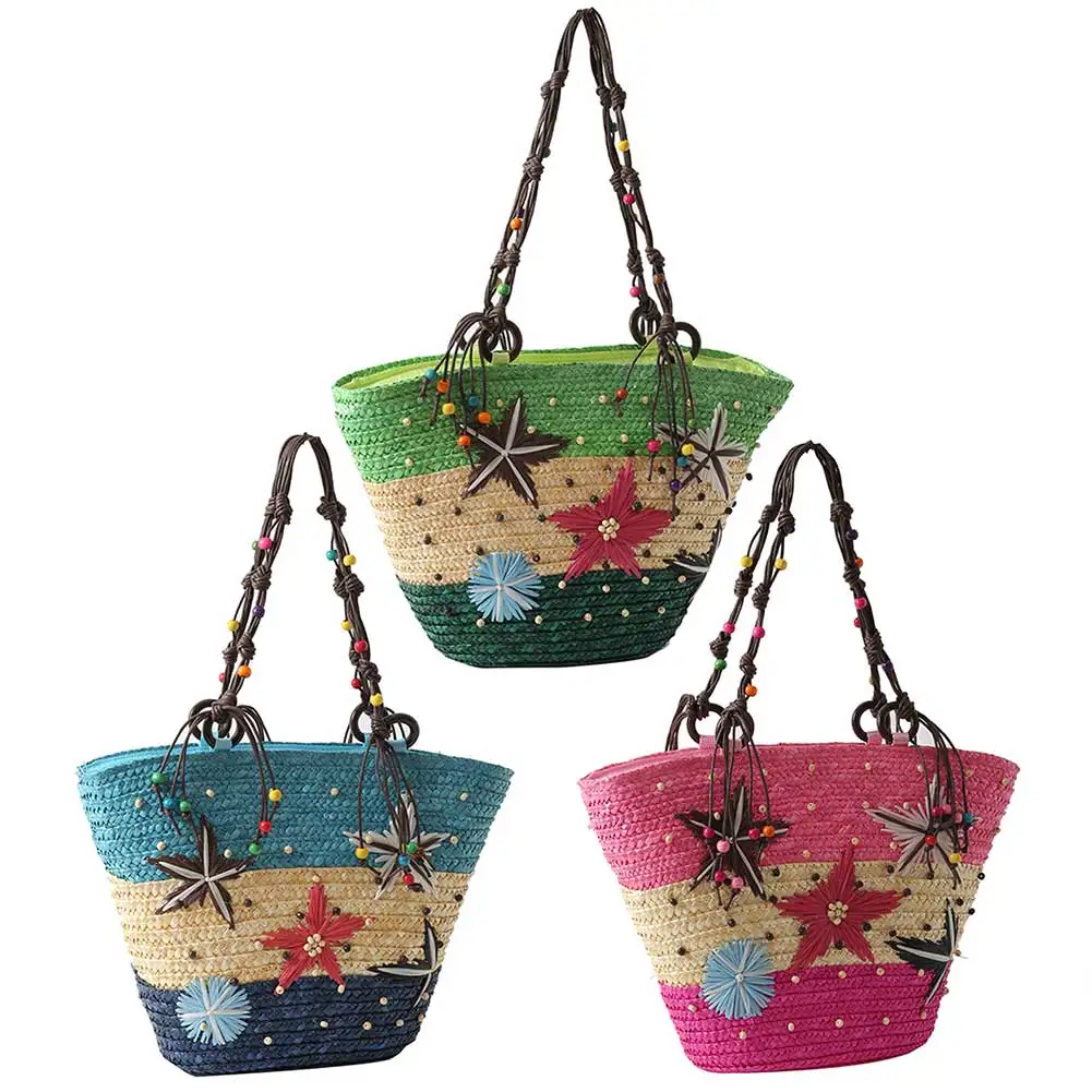 

Starfish Women Tote Bags Hand-embroidered Beaded Bohemian Straw Bag Summer Fashion Casual Simple Elegant for Travel Vacation