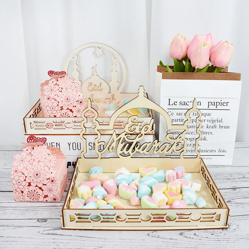 

Eid Mubarak Wooden Food Tray Islamic Food Holders Supplies For Muslim Ramadan Kareem Home Party Al-Fitr Table DIY Decorations