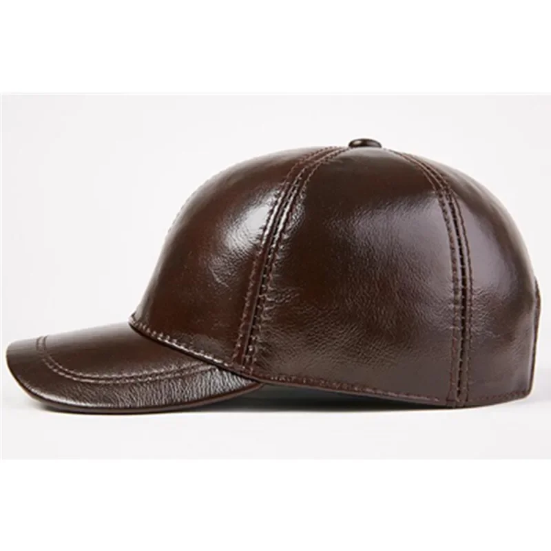 

Autumn Winter Men's Warm Genuine Leather Hats Cowhide Leather Baseball Caps Adjustable Size Ponytail Women's Tongue Cap