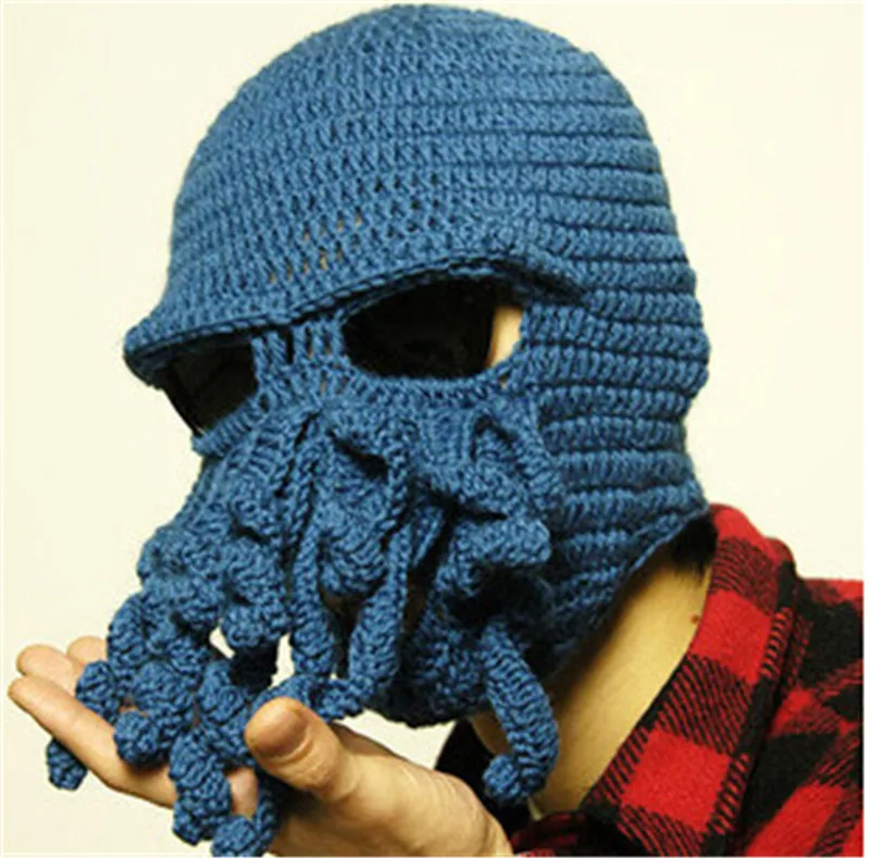 Novelty Handmade Funny Tentacle Octopus Hat Crochet Cthulhu Beard Beanie Men\'s Women\'s Knit Wind Mask Cap Halloween Animal Gift