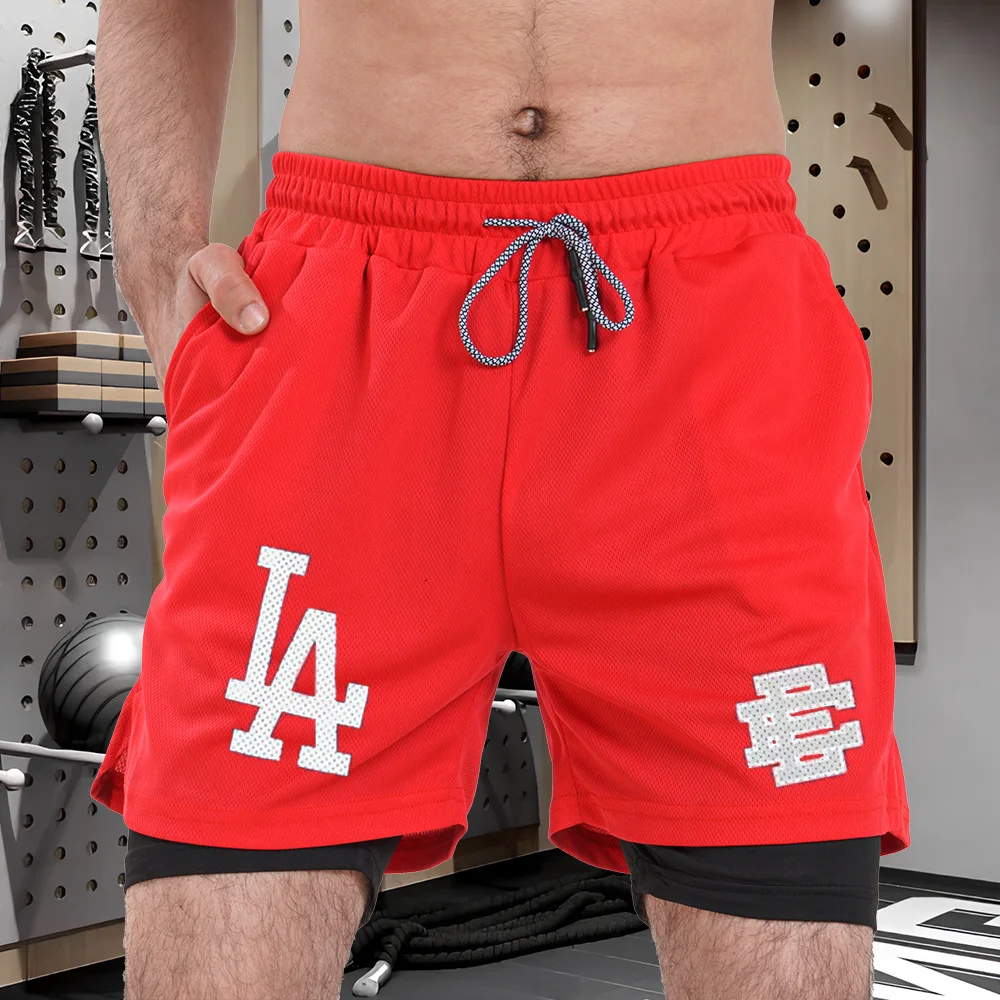 شورت LA-رجالي بطبقة مزدوجة يسمح بمرور الهواء، شورت رياضي سريع الجفاف، مناسب لتدريب الجري على الساق المستقيمة، اتجاه الصيف