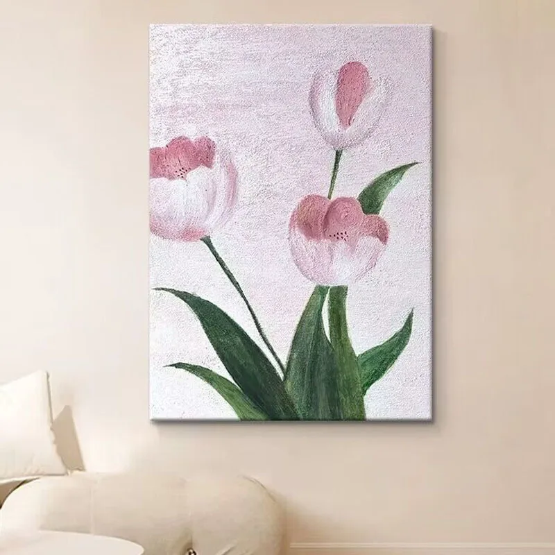 Nordic Modern Abstraction Pink Tulip Pure Hand Drawn Oil Painting For Home Decoration Bedroom Dining Room Living Room And Sofa