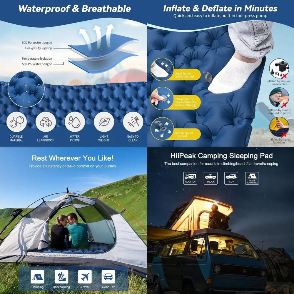 

Iatable Double Camping Mat with oot Pump & Pillow, Ultralight Sleng Air Pad or 2 Person, Portable Sleng Bed Compact or Camping H