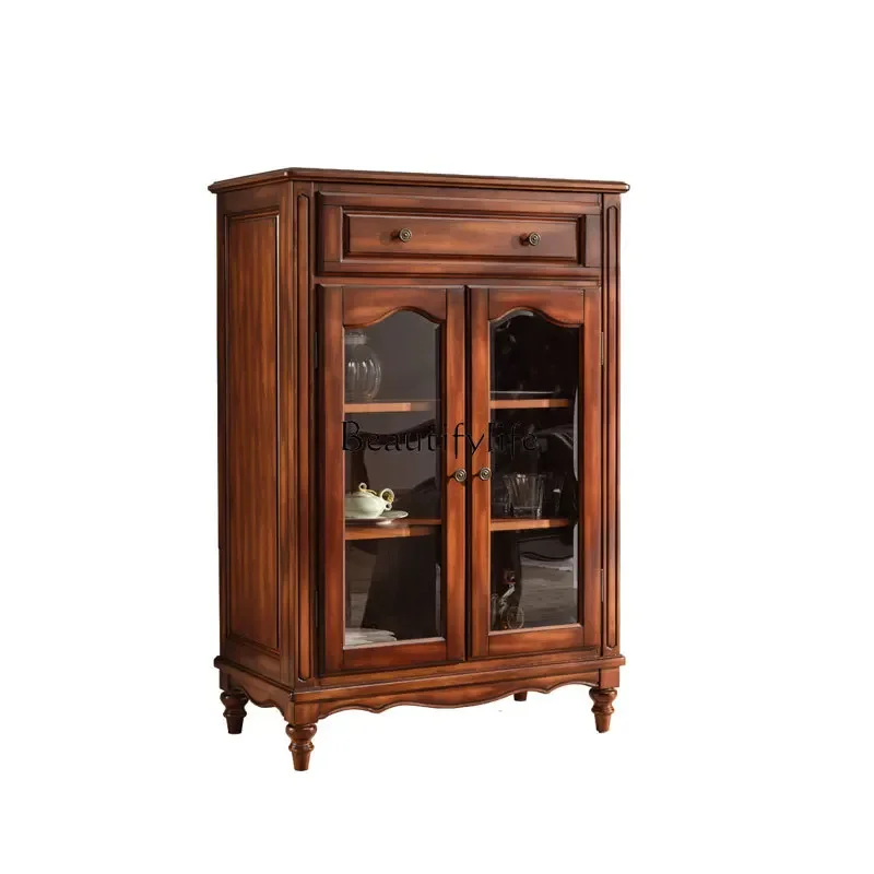 

4yj9 American Style Decorative Glass Double Door Storage Display Cabinet Solid Wood Living Room Storage Cabinet