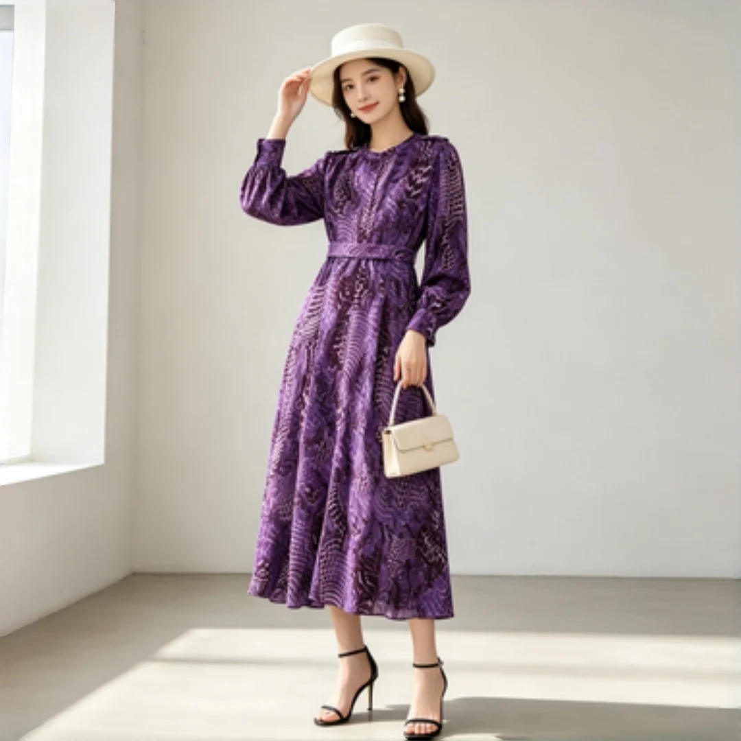 Vintage Purple Snake Skin Pattern Flowy Long Dress