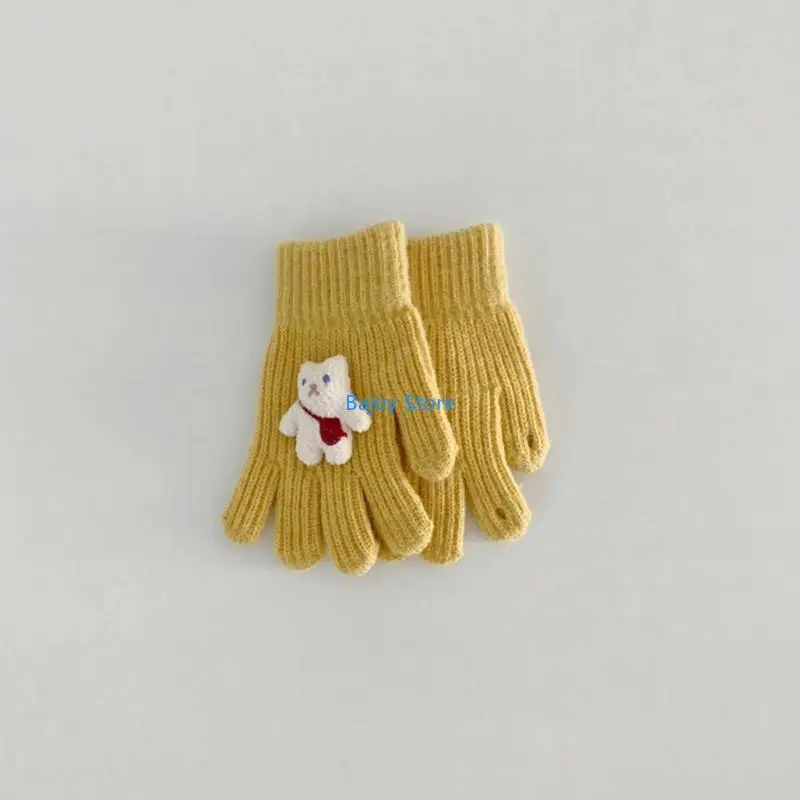 63HE 1 Pair Kids Knitting Gloves Full Finger Knitted Winter Stretch Gloves Warm and Stylish Cartoon Backpack Bear Mittens