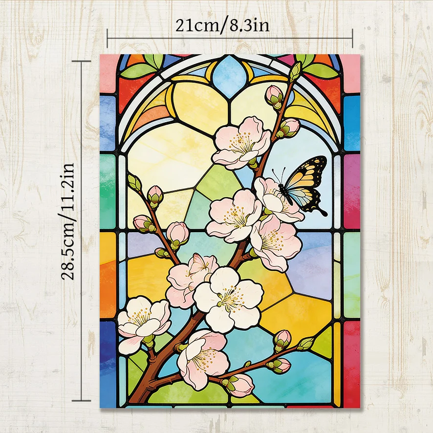 Stained Glass Cherry Blossom & Butterfly Adult Coloring Book - 8.3×11.2 Inches, 22 Pages. Ideal for Delicate Spring Scene Admire