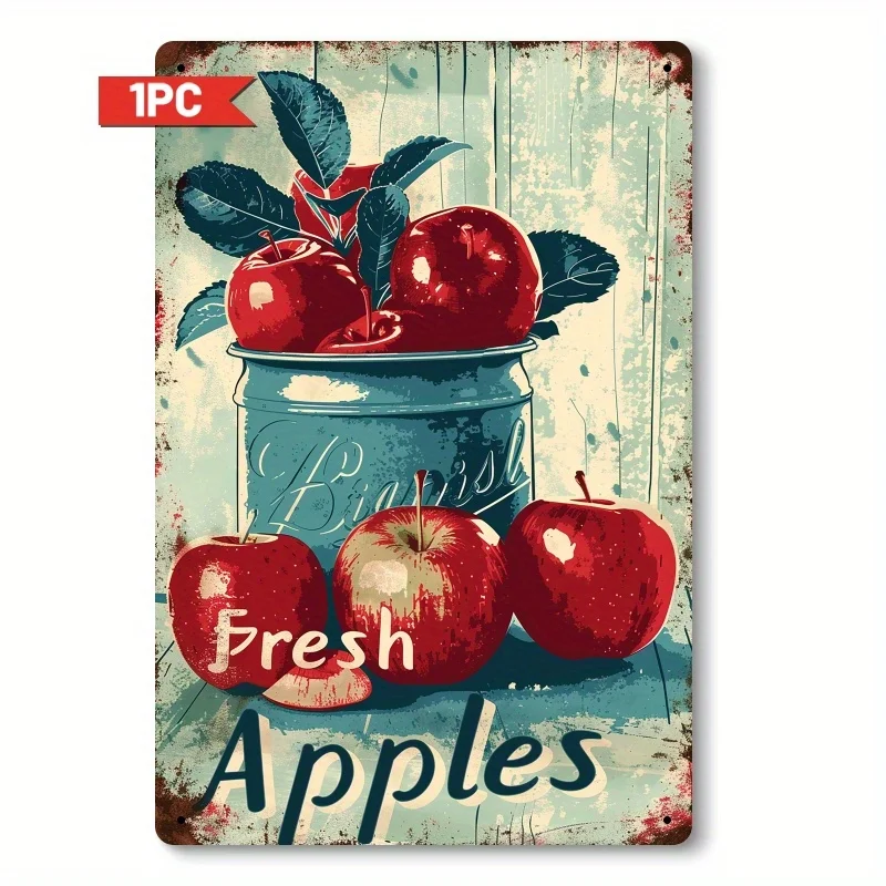 2D Flat, Single Metal Sign, Basic Fruit Design, Apple Metal Tin Sign, Ideal for Decorating Living Room, Bedroom, Kitchen