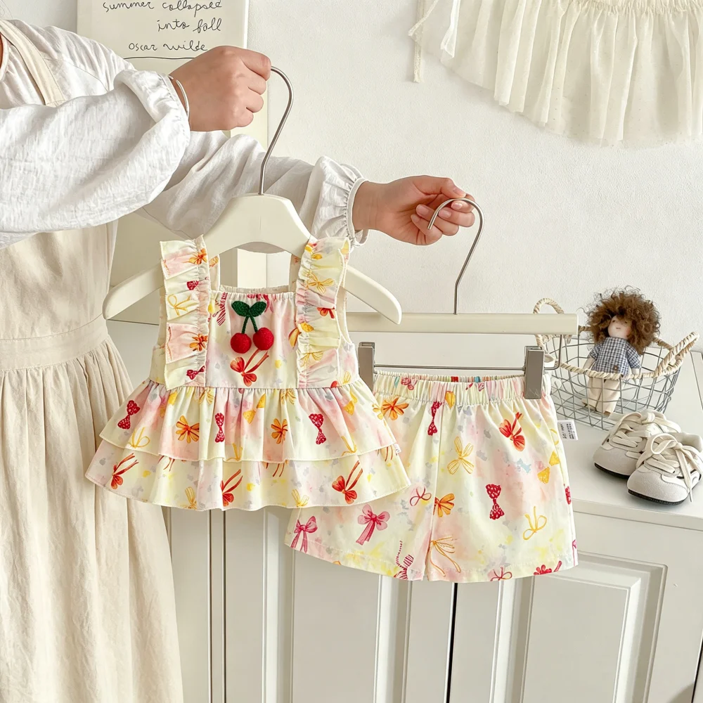 2pc/Set Baby Girl Set Summer Bow Cherry Top Shorts Children's Clothing Cute Beach Baby Set