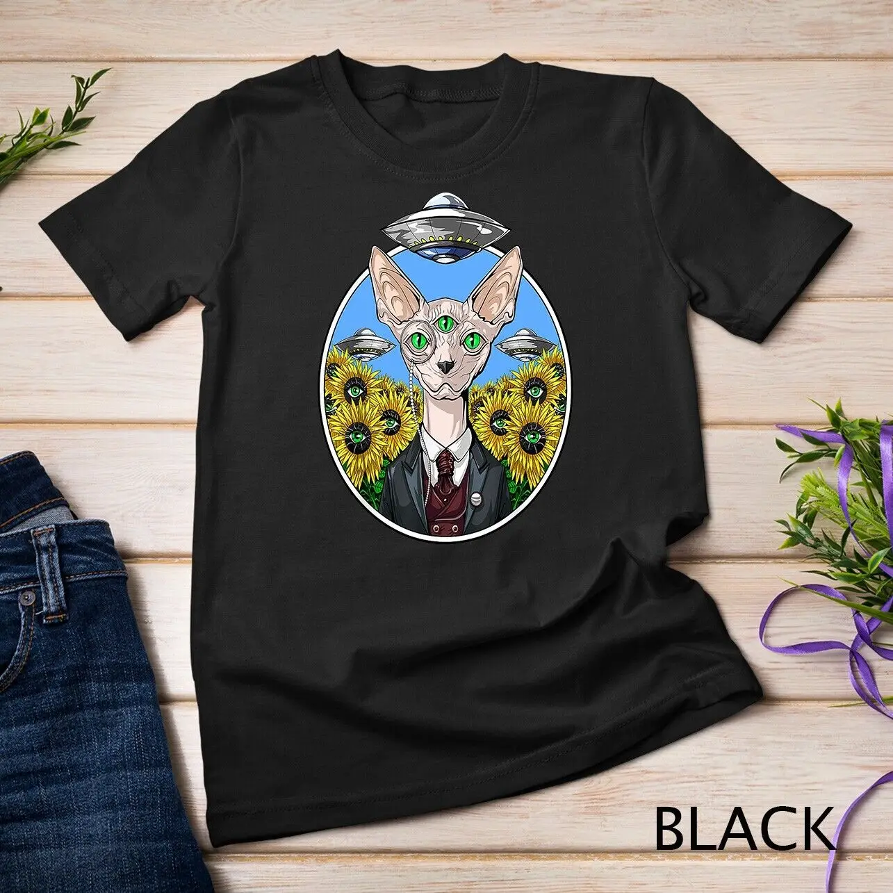 

Sphynx Cat Psychedelic Alien Abduction Sunflowers UFO T-Shirt Unisex T-shirt