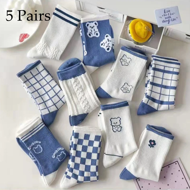 5 Pairs Women Socks Fashion Cute Cotton Breathable Socks Japanese Style Cute Rabbit Embroidery Casual Girls Sweet