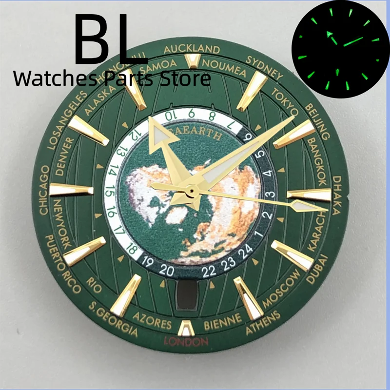 BLIGER Watch Parts 33.5mm Map Men's Watches Dial With Hand Sets Blue Green Dial 6 o'clock Date Green Luminous Fit NH35 Movements