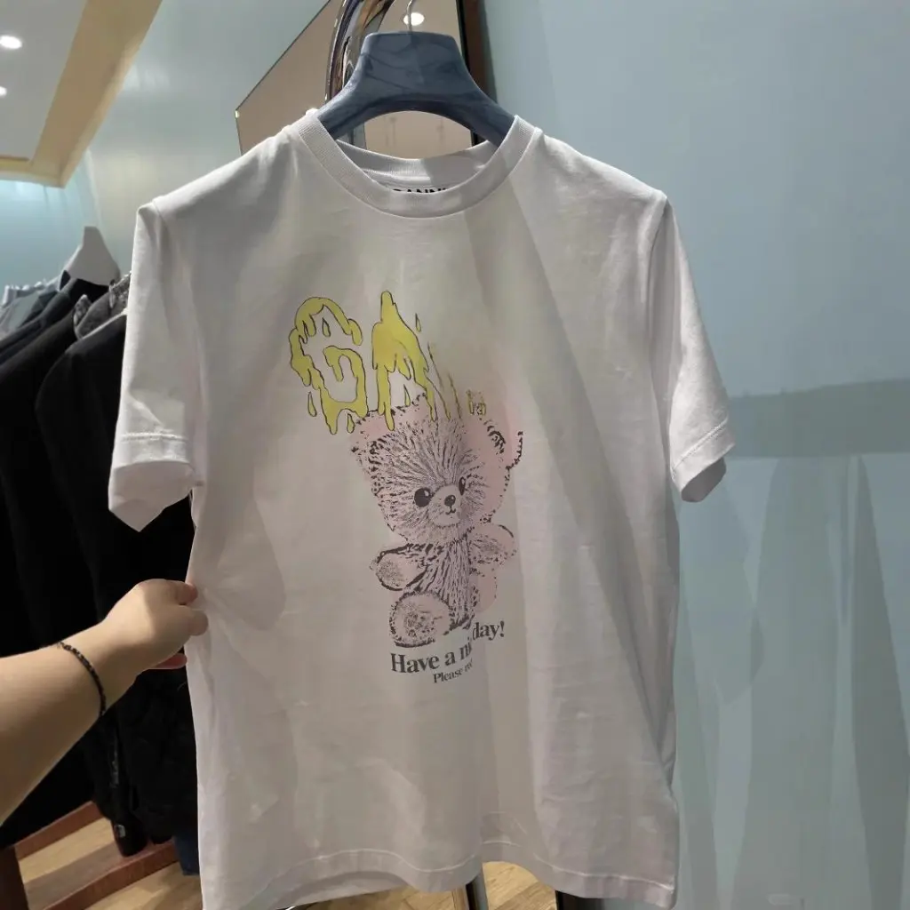 

Spring Women's round Neck Cotton T-Shirt Loose Fit Long-Sleeved Short-Sleeved Printed Niche Letter Bear Design