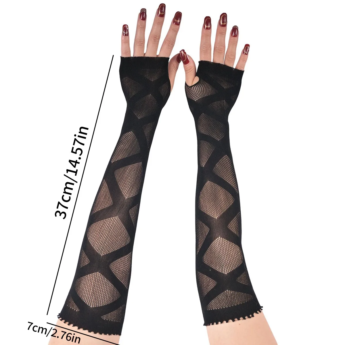 Women Diamond Pattern Gothic Mesh Long Arm Sleeves, Half Finger Sun Protection Covers, Cosplay Party Summer Accessories