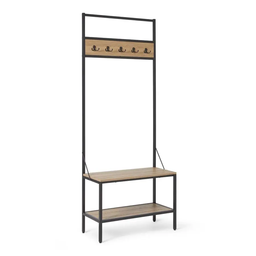 Entry Bench with Hooks, Hall Tree with Shoe Storage Bench, Steel Frame, Oak Finish