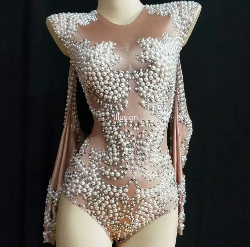 

Sparkly Pearls Crystals Bodysuit Women One-piece Nude Outfits Celebrate Party Glisten Leotard Rhinestones Costumes Singer Wear