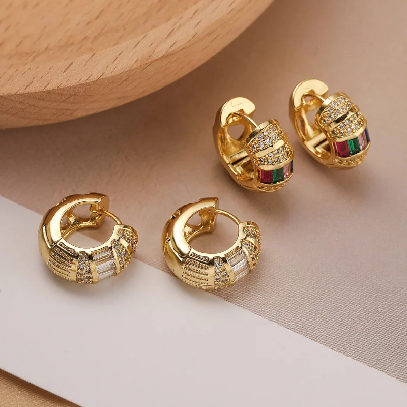

European and American Fashion Light Luxury Copper Gold-Plated Zircon Geometric Ear Clips Niche High-End Retro Earrings