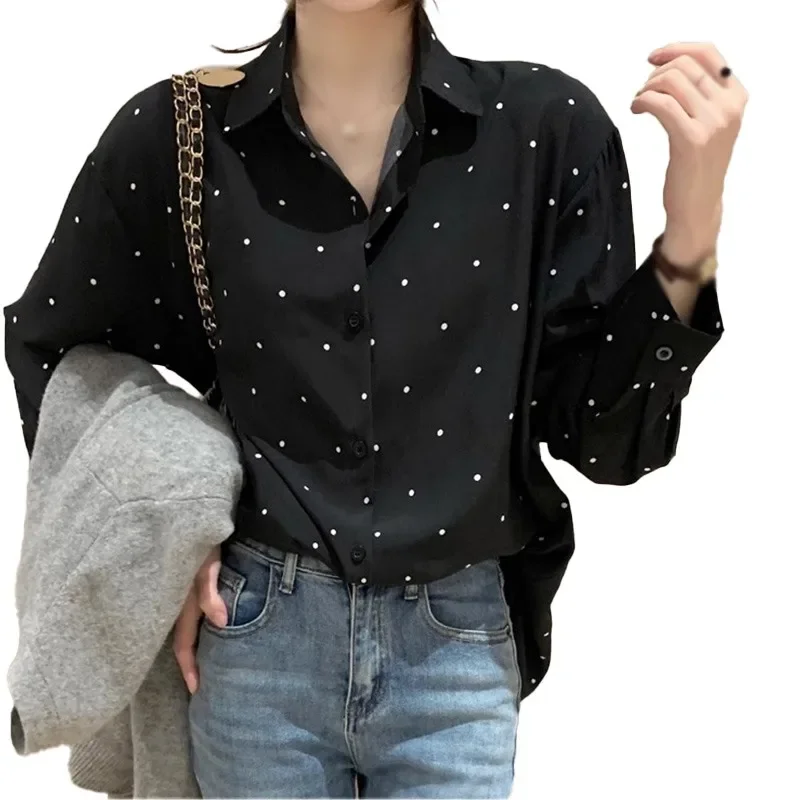 Women\'s V-neck Polka Dot Long Sleeve Elegant Shirt Retro Lapel Loose Long Sleeve Fashion Single-Breasted Blouse Shirt