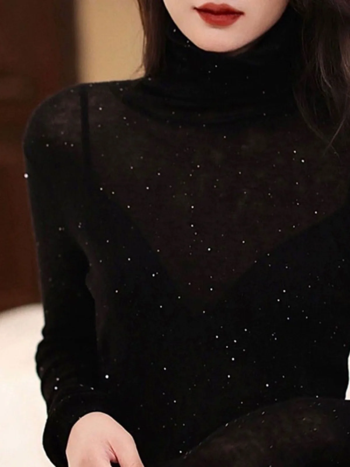 

Beaded yarn cashmere sweater for women with turtleneck black autumn/winter loose slimming wool knit base sweater