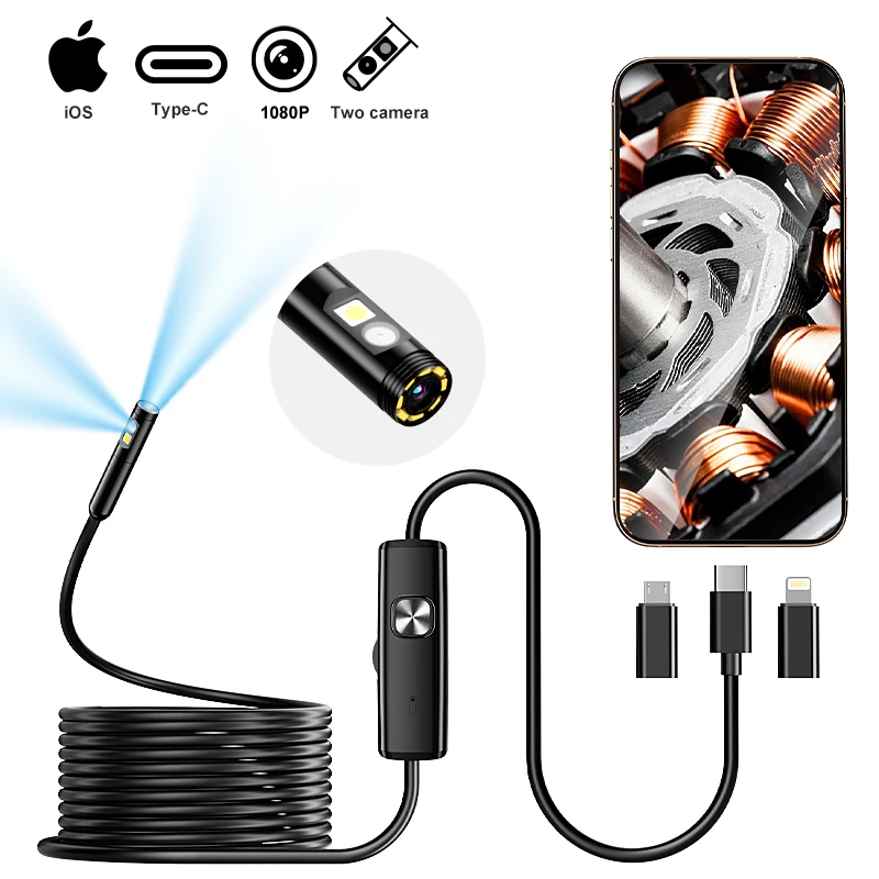 TYPE-C Dual Endoscope Camera HD1080P 3IN1 USB-C Waterproof Probe with LEDs Pipe Inspection Borescope for IPhone Android Phones