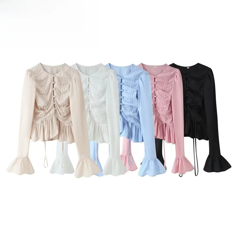 Fashionable Long Sleeve Women's T-shirt Drawstring Bell Bottoms Versatile Personality Summer 2026 Polyester round Neck Short ...