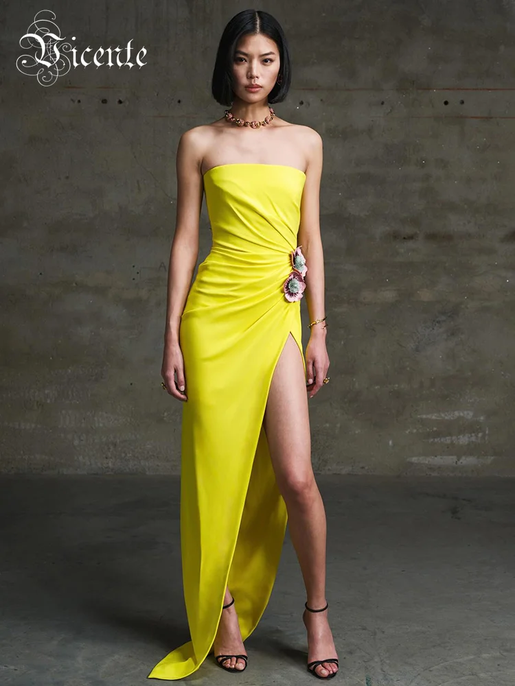 2024 Women Summer Flower Decoration Strapless High Split Yellow Stage Performance Party Evening Dress Vestido