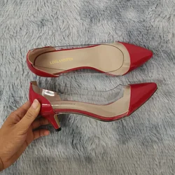 Women Patent Leather Sexy Pumps 2026 Autumn PVC Transparent 5cm Low Heel Pointed Toe Slip-on Thin High Heels Party Wedding Shoes