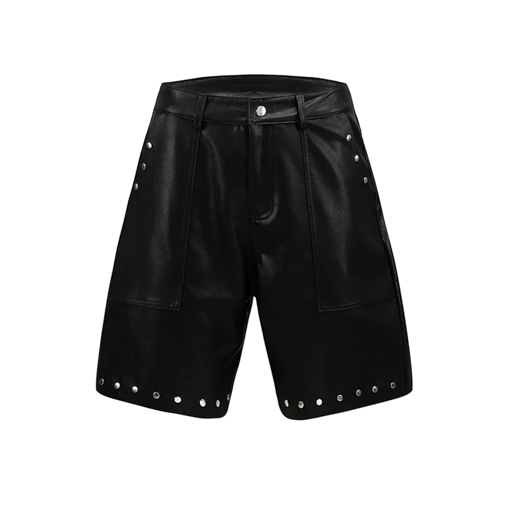 Vintage Rhineston Pockets Black Summer Pu Leather Shorts for Men and Women Wide Leg Streetwear Five Point Pants Oversized