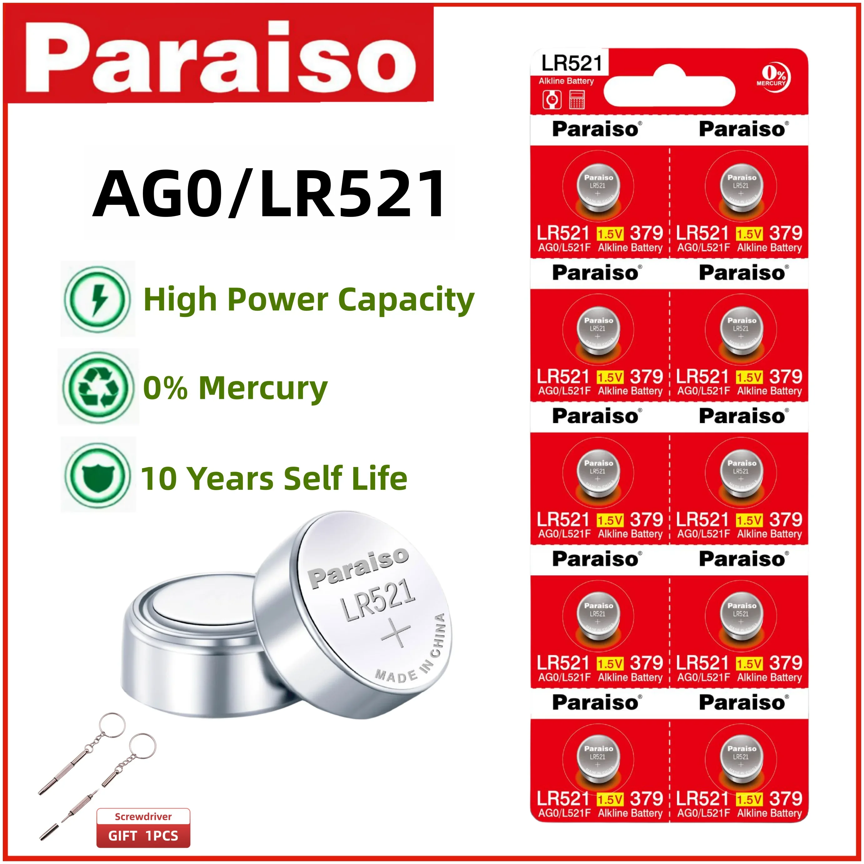 Paraiso 시계용 알칼리 단추 셀 배터리, LR521 AG0 SR521SW 단추 배터리, 10 년 보관 수명 0%, 수은 1.5v, 2-50 개