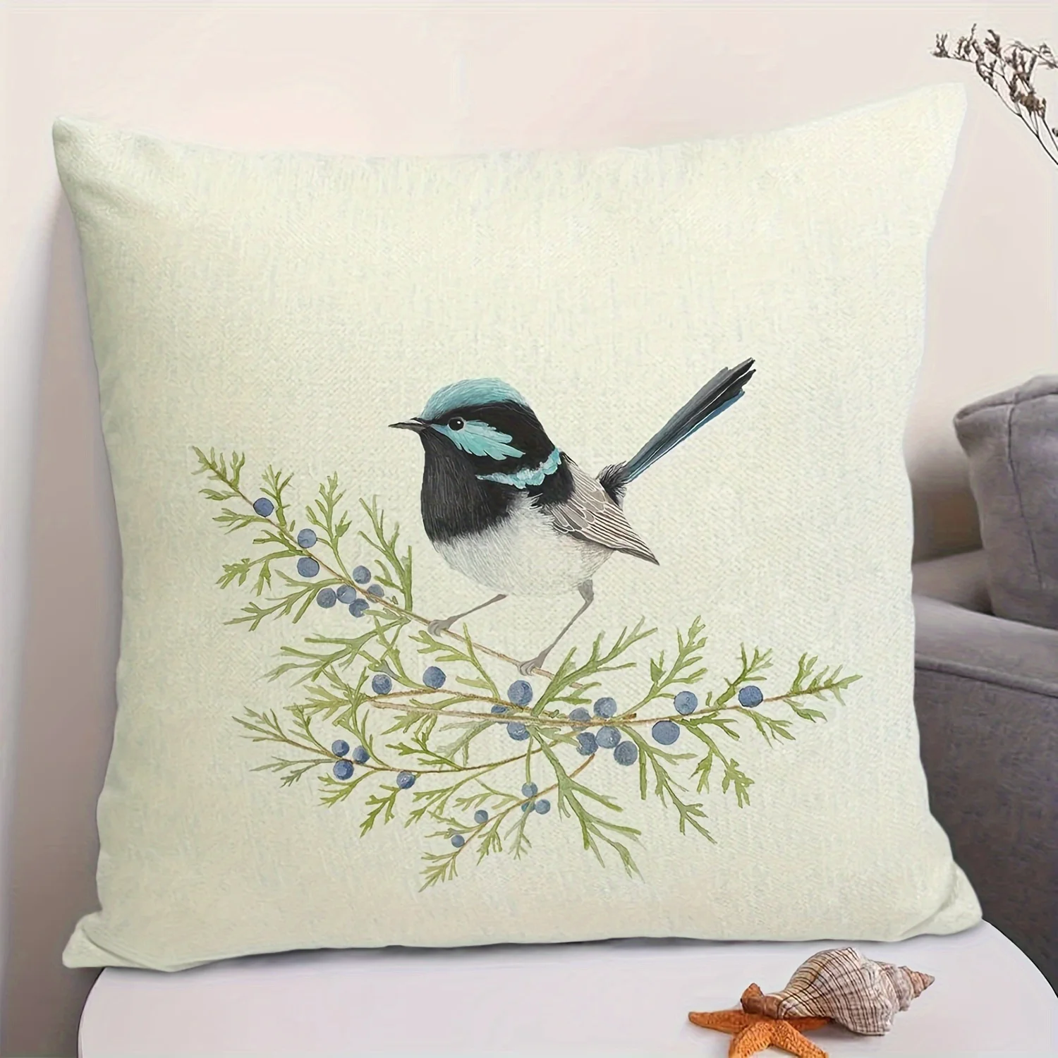 1Pc Modern Style Cushion Cover Cream Blue Bird Branch Print Pillowcase For Sofa Bedroom Home Decor Soft Breathable Square Case