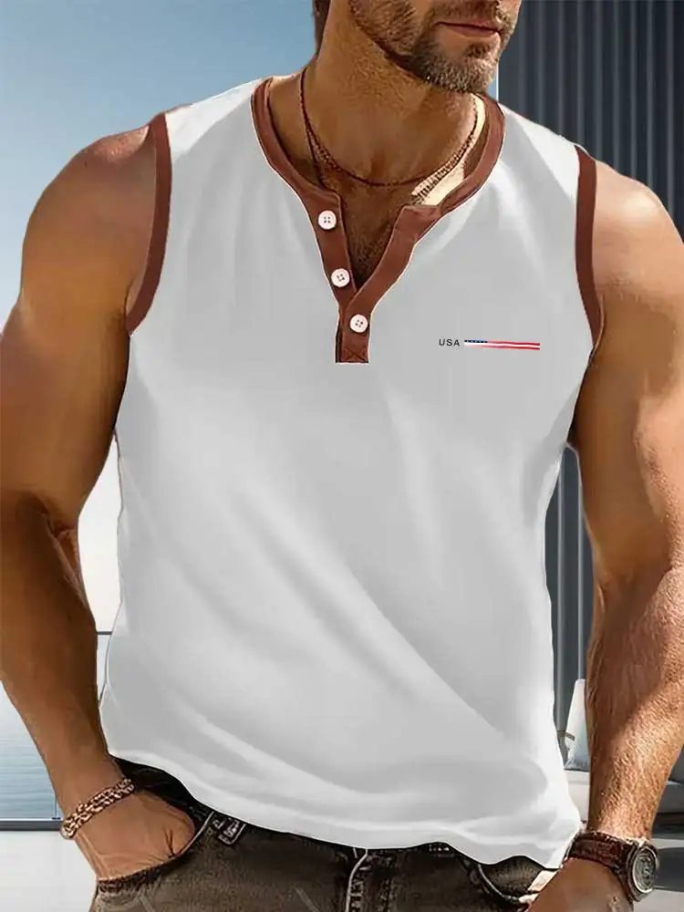 New Arrival Men Henley Tank Top, Color Block Binding, Letter Printed, Three Buttons Placket Sleeveless T-shirt For Daily Sports
