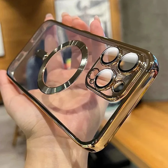 Luxo magnético para magsafe carga sem fio chapeamento caso claro para iphone 11 12 13 14 15 16 pro max capa de silicone à prova de choque