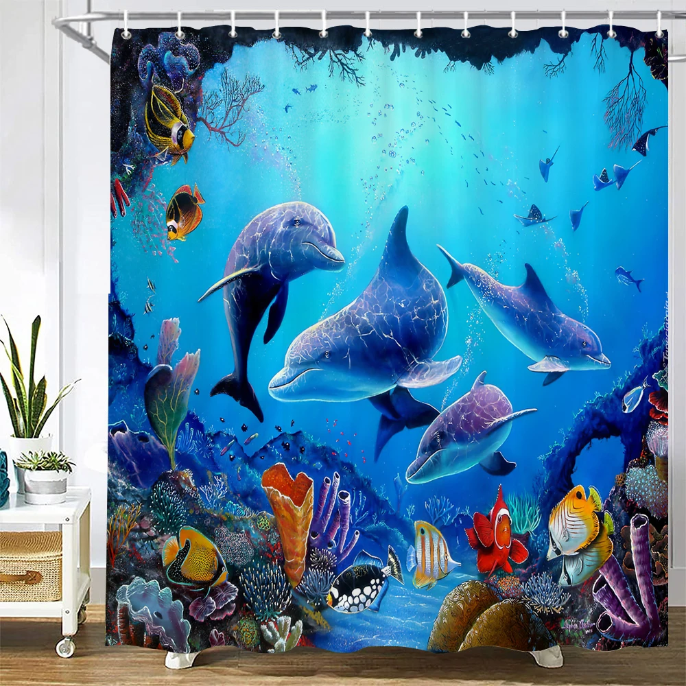 Dolphin Shower Curtain, Blue Underwater World Marine Life , Polyester Fabric Kids Ocean Theme Bathroom Decor Set with 12 Hooks