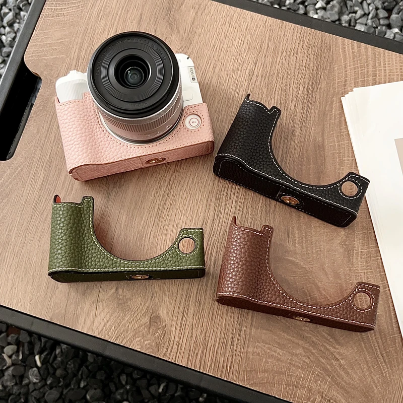 Litchi Skin PU Leather R50V Case Camera Video Bag Half Body Base for Canon EOS R50V Protective Opening Bottom Cover with Strap