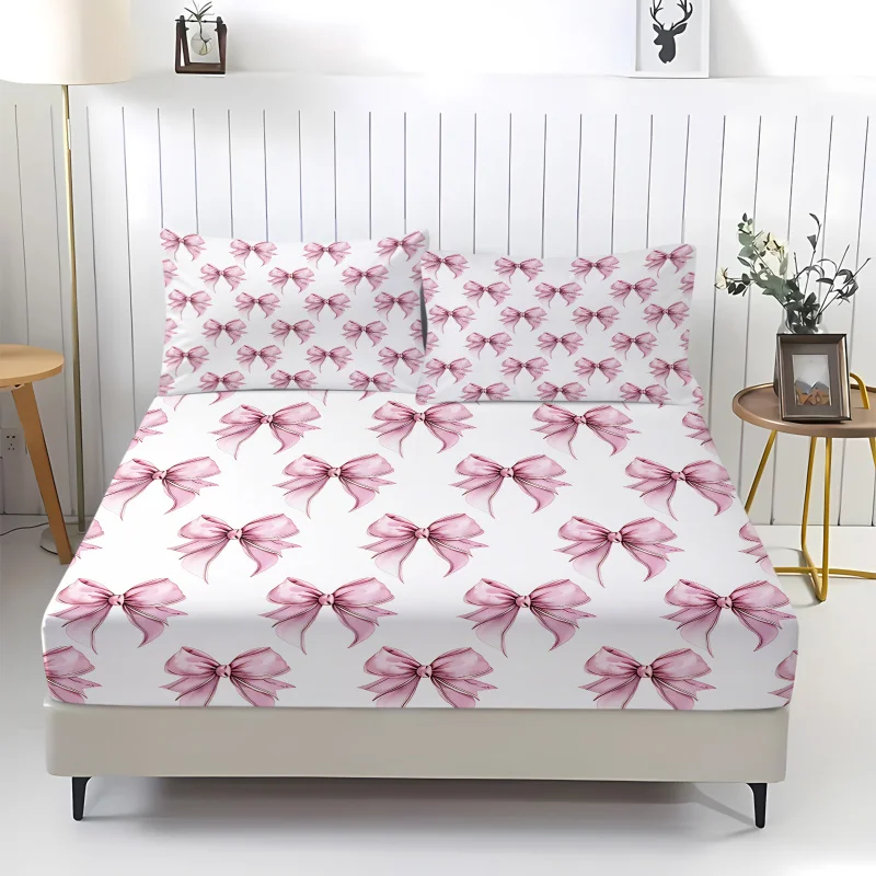 

3Pcs Pink Bow Fitted Sheet With 2 Pillowcases Cute Coquette Aesthetic Print Anti-Slip Soft Breathable Bed Linen For Girl Bedroom