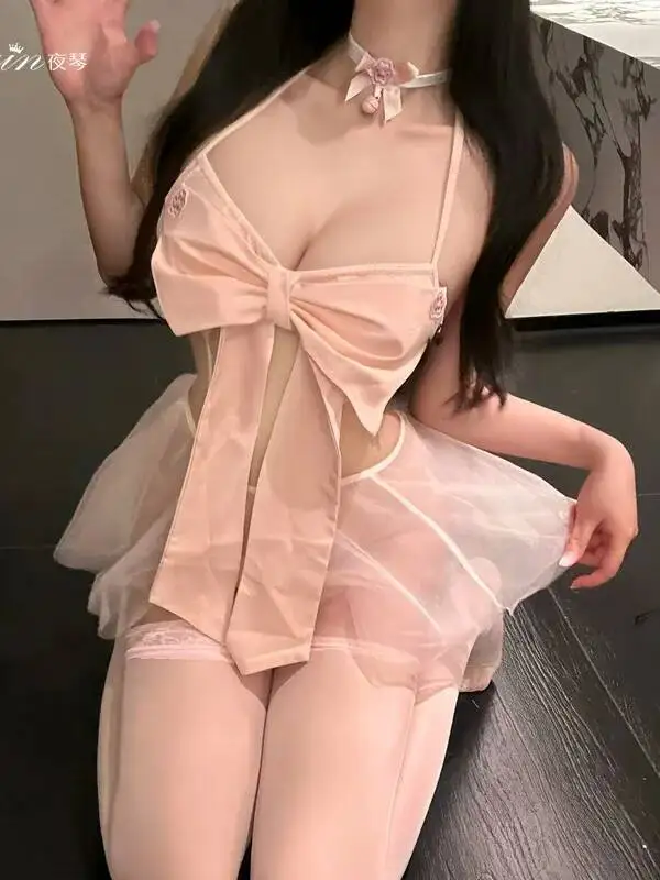 Sexy pecho pequeño puro deseo tres puntos Bowknot camisón vestido elegante camisetas sin mangas Mini vestido 2025 nueva moda LU03