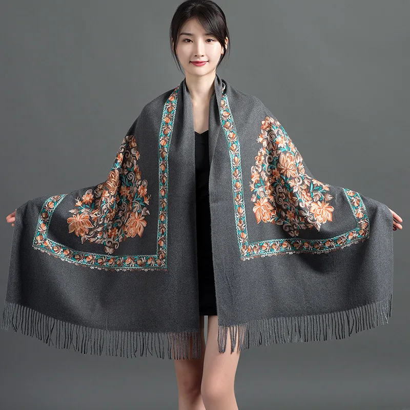 

Women New Bufanda Mujer Cashmere Pashmina Wraps with Tassel Shawl Long Soft Warm Thick Scarf Scarves Embroider Flower Blanket