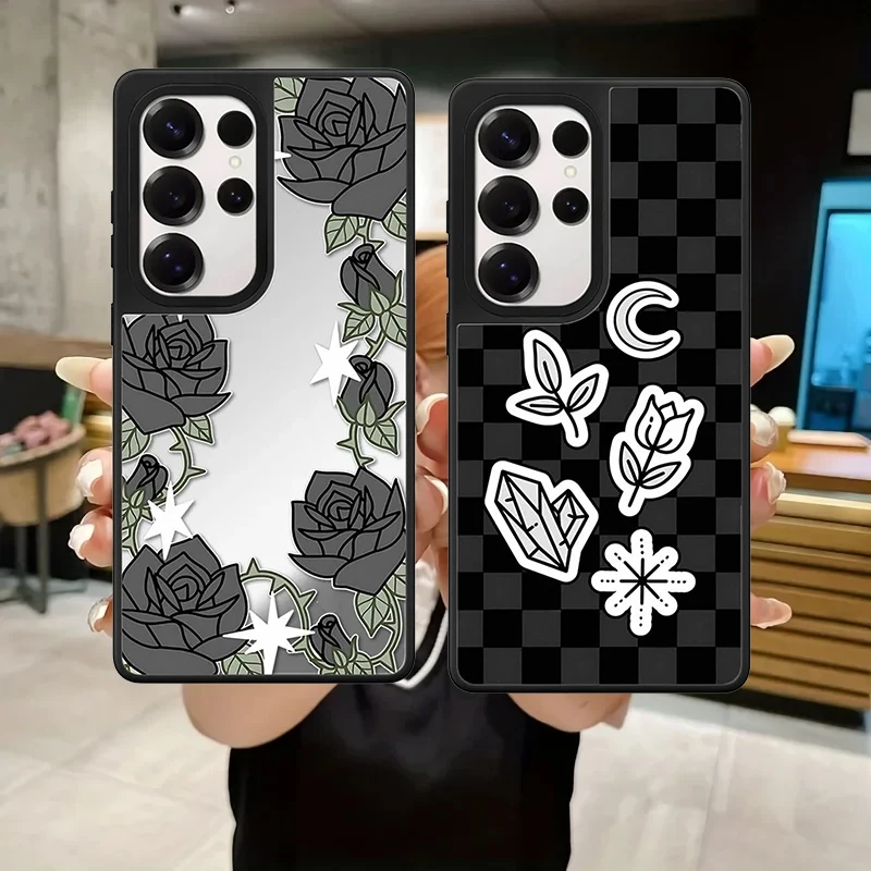 

Black Rose Plaid Pattern Mirror Surface Case for Samsung Galaxy S26 S25 S24 S23 Ultra S26U S26 Plus Protective Case