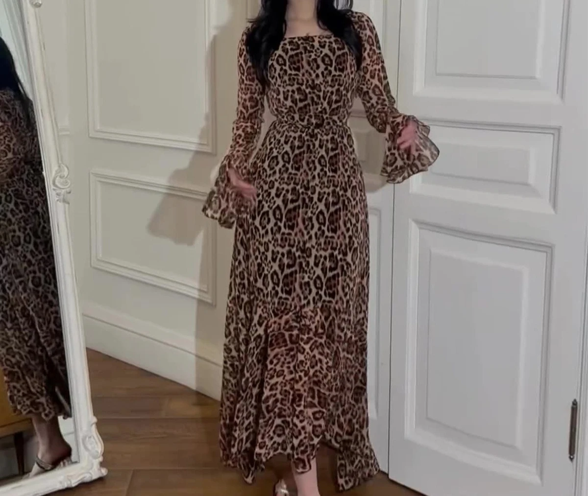 

Leopard Print Chiffon Women Dress Ladies Sexy Hollow Out Off Shoulder Evening Dress Casual Flare Sleeve Slim Long Dresses