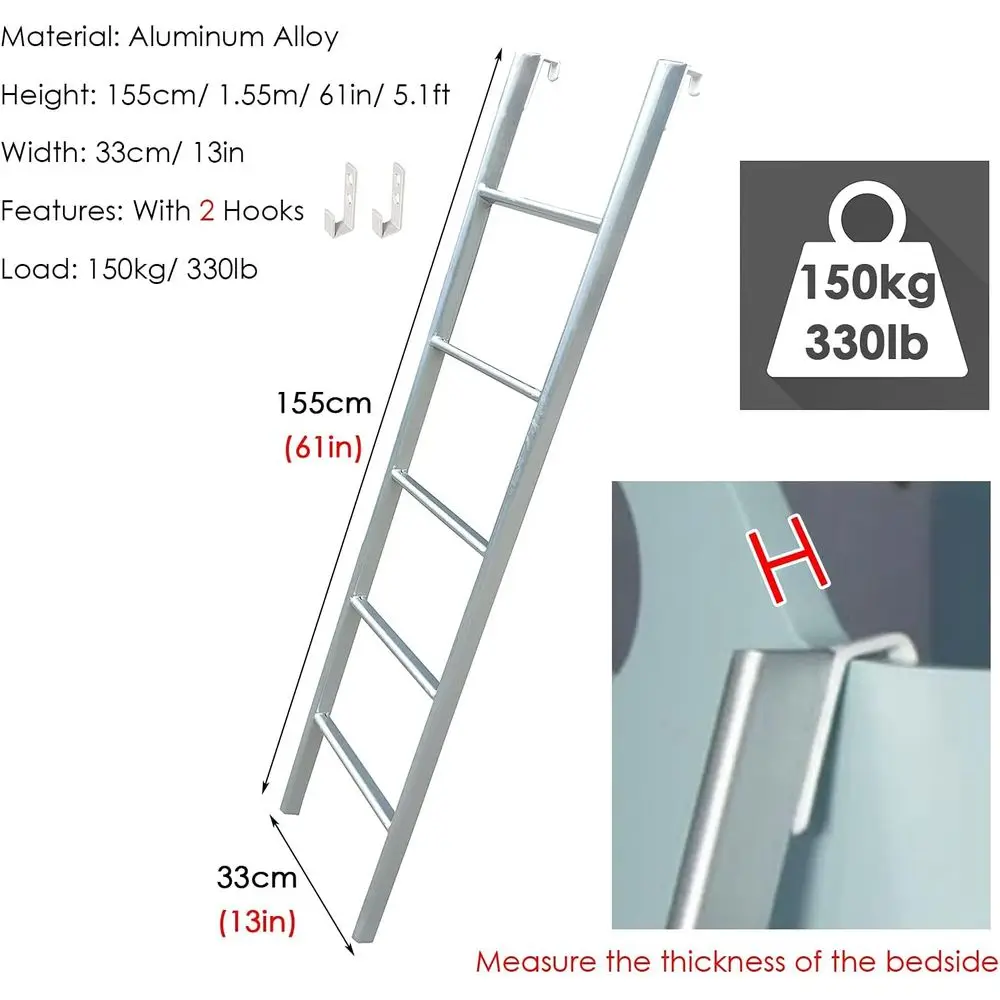 سلم أمان معدني أسود بطول 1.55 متر للأسرة العلوية والمركبات الترفيهية والعلية والقوارب - مثالي للأطفال وكبار السن