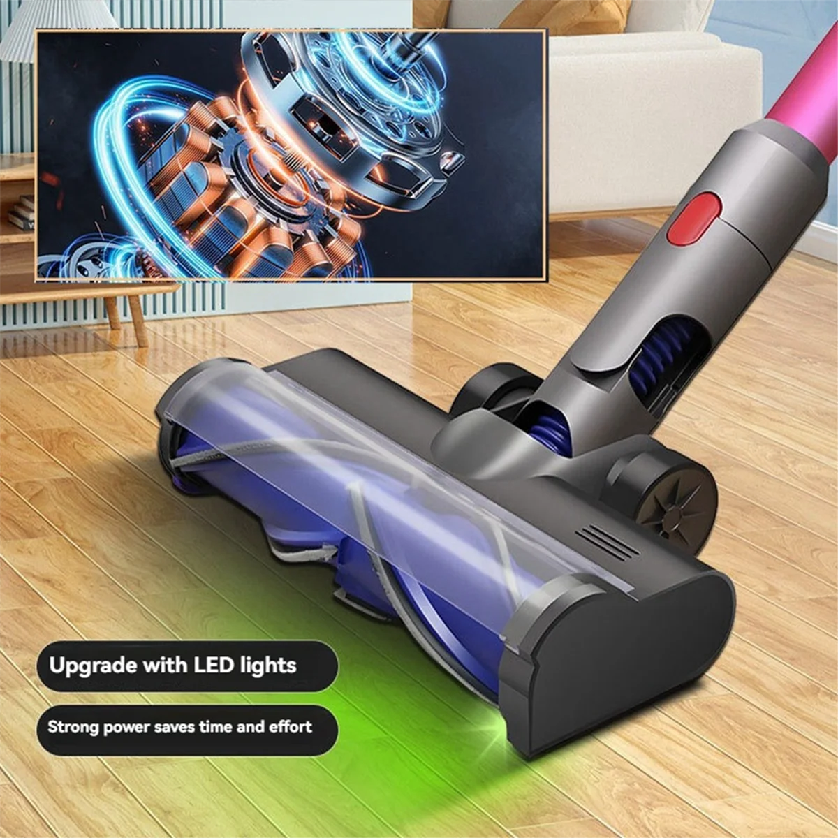Für Dyson V7 V8 V10 V11 V15 Hartholzboden-Teppichaufsatz mit LED-Licht, V-förmiger Turbinenborsten-Reinigungsbürstenkopf