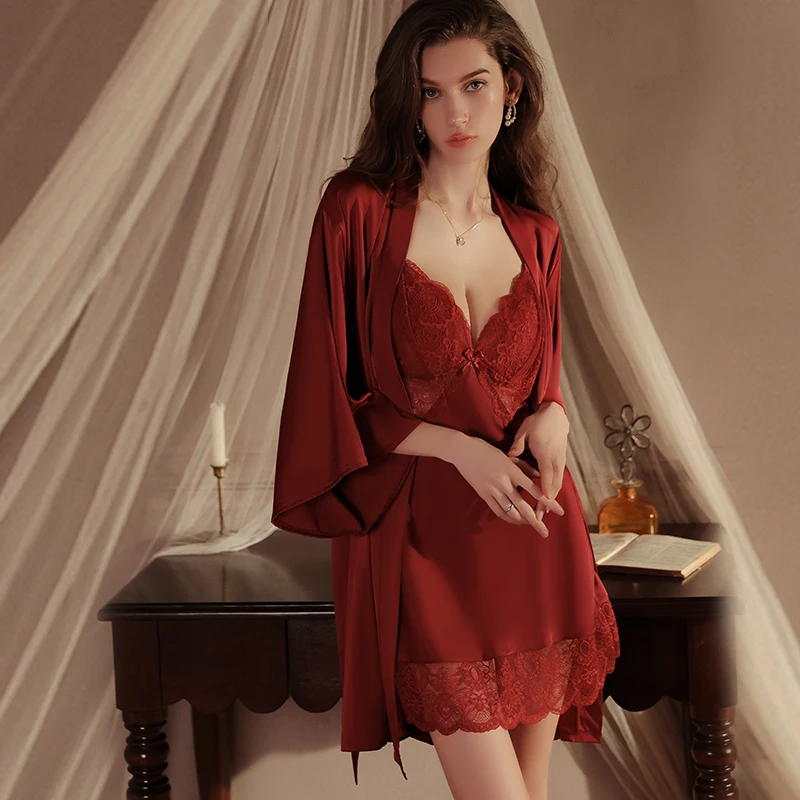 Hot Sexy Underwear Set - Deep V Lace Satin Nightgown with Chest Pad & Transparent Robe for Women's Homewear #4