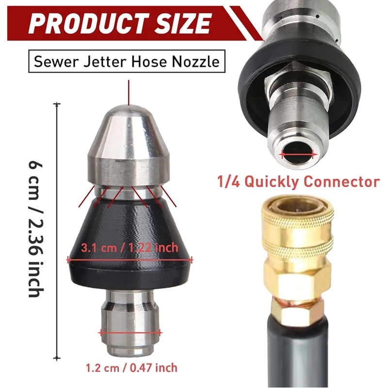 Sewer Cleaning Tool Pipe Unclogger Nozzle 1/4 Quick Connector Pressure Washer Sewer Jetter Nozzle for Drain Jetting Hose 5000PSI image 3